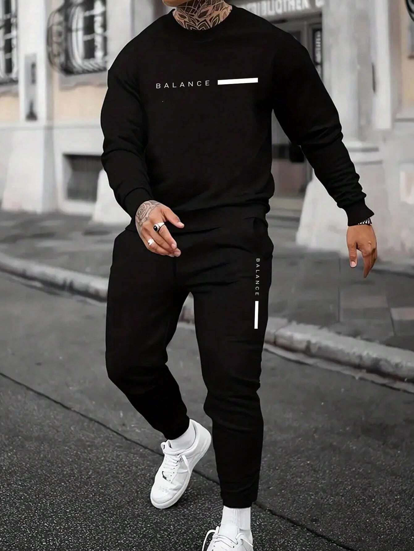 Manfinity Homme 2Pcs Men'S Casual Letter Printed Sweatshirt and Sweatpants Set, for Daily Leisure , Track Suit , Urban , Color Block