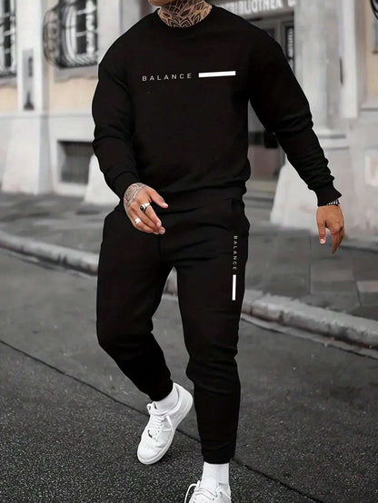 Manfinity Homme 2Pcs Men'S Casual Letter Printed Sweatshirt and Sweatpants Set, for Daily Leisure , Track Suit , Urban , Color Block